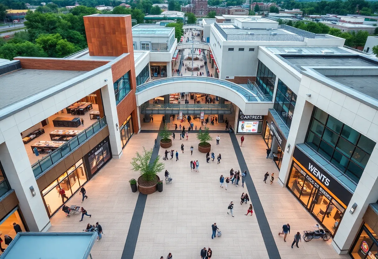Aerial view of Indiana retail centers bustling with activity.