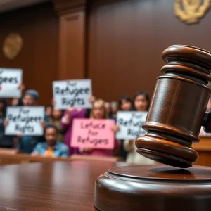 Courtroom scene representing justice for refugees