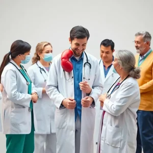 A diverse group of healthcare professionals collaborating on kidney care research for IgA nephropathy.