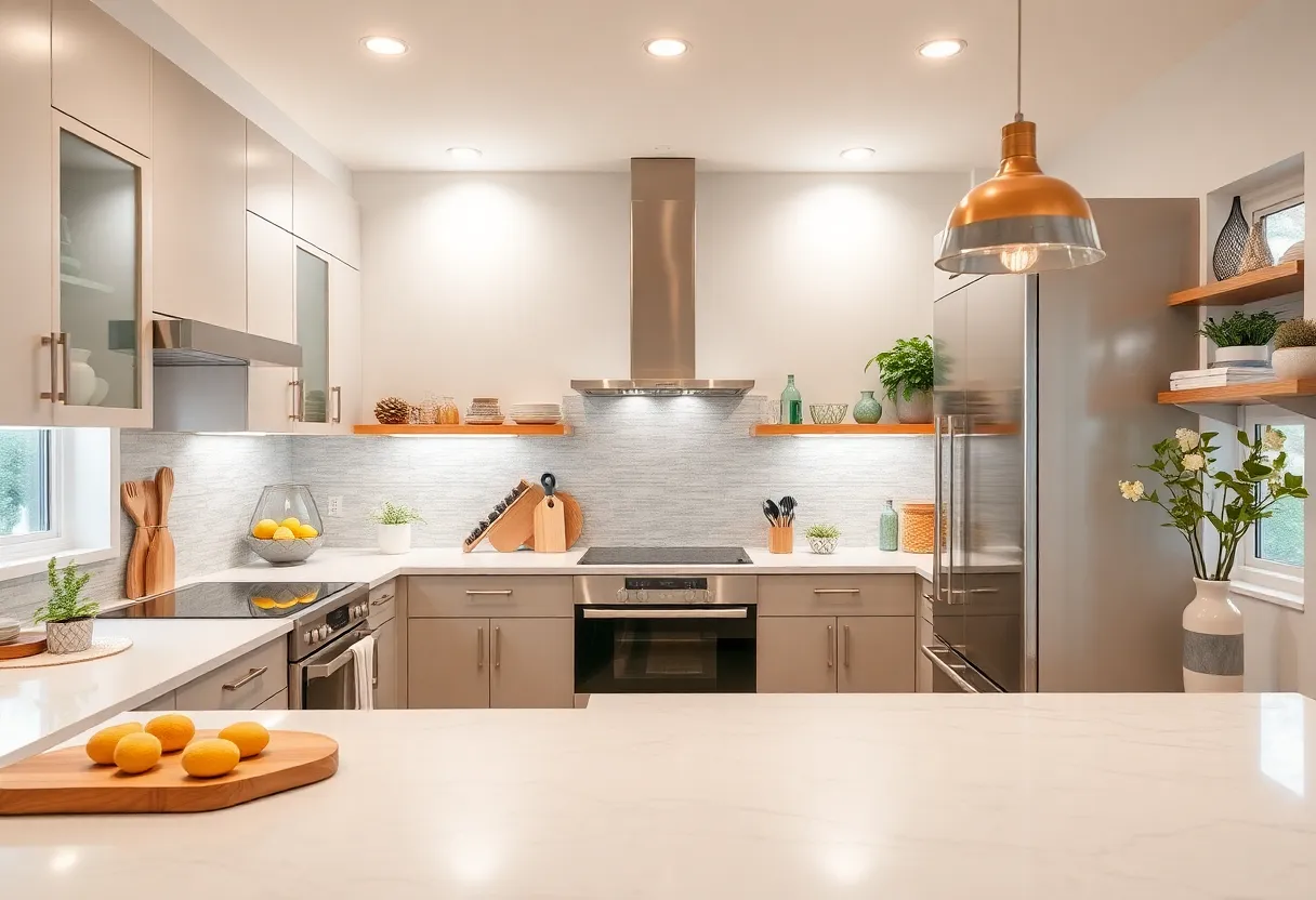 A modern kitchen highlighting various renovation aspects such as cabinets, countertops, and appliances.