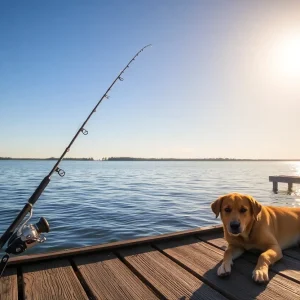 A serene lakeside view with fishing gear and a dog