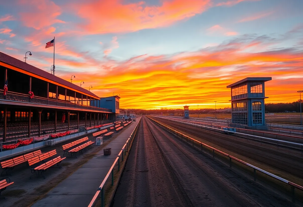 Northville Downs racetrack with empty grandstands