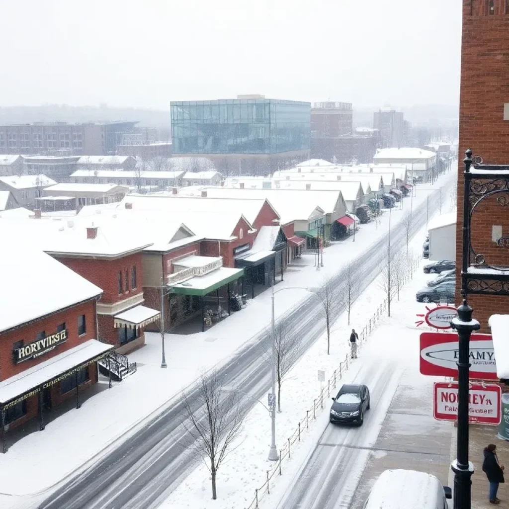Winter scene in Northville, Michigan with heavy snow.
