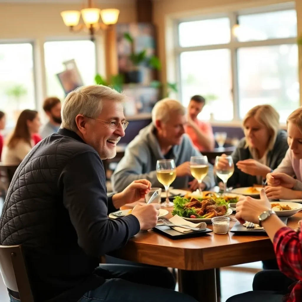 A group of people enjoying a meal in a warm restaurant atmosphere.