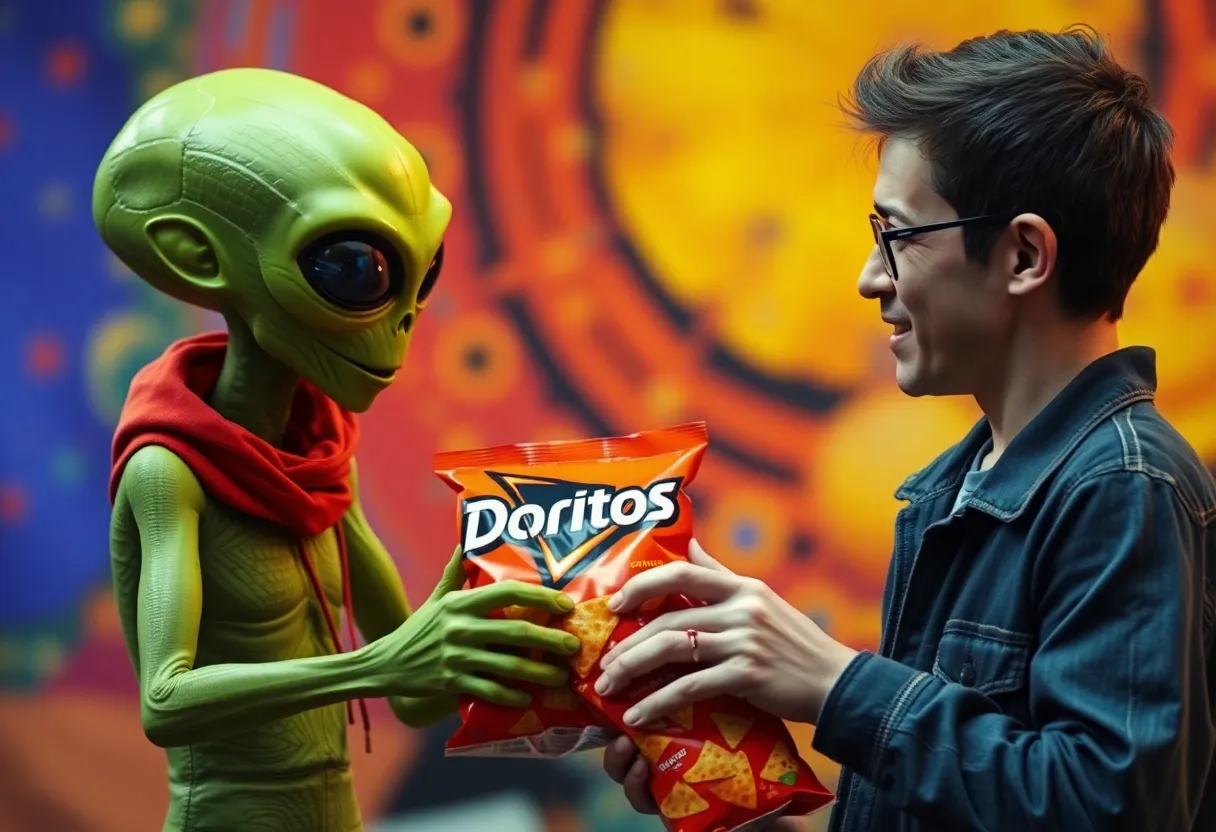 Central Ohio filmmakers Dylan Bradshaw and Nate Norell in their Super Bowl ad 'Abduction' featuring an alien and a human sharing Doritos.