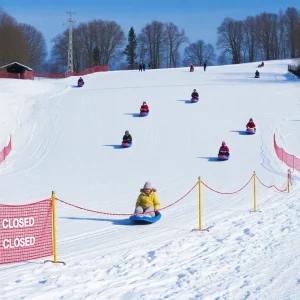 Snowy sledding hill with a closed sign and barricades