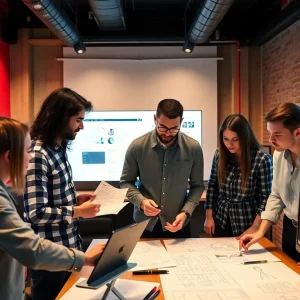 A diverse team collaborating on branding strategies in a modern office setting in New York