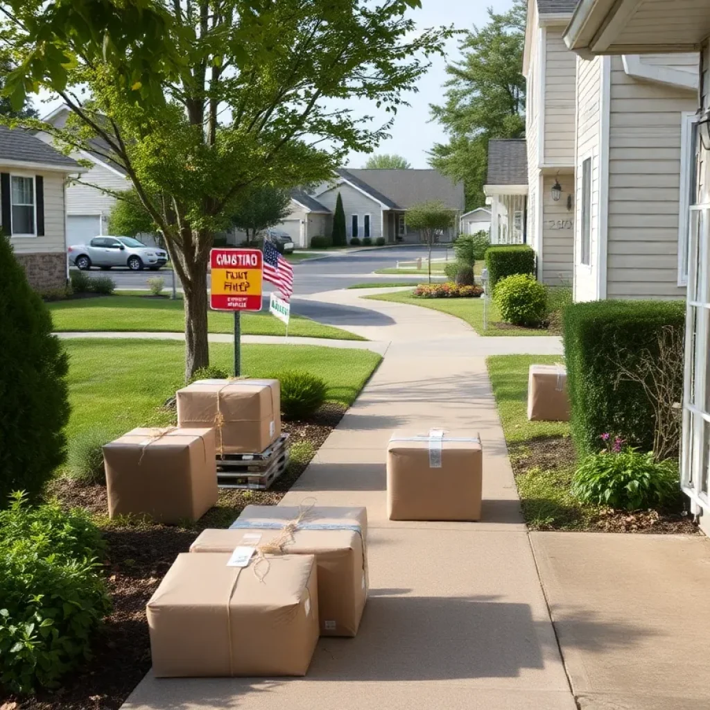 A suburban neighborhood with packages left on doorsteps, showing security measures such as cameras.