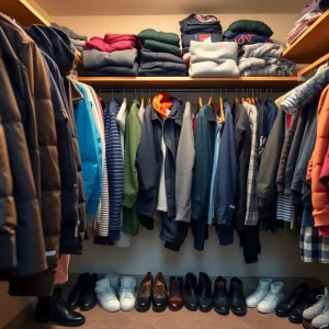 A clothing closet at a medical center filled with clothes for discharged patients.