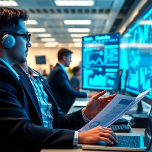 CMO reviewing marketing strategies with data analytics and AI technology.