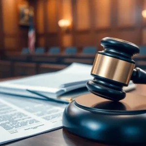 A courtroom scene reflecting the delay of a murder trial.