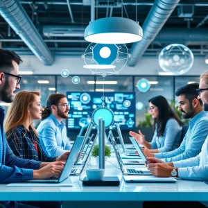 Employees engaging in an innovative digital marketing workspace exploring AI technology.