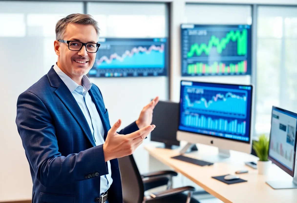 Investment adviser showcasing performance metrics in an office