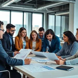 Diverse marketing operations team discussing data analysis