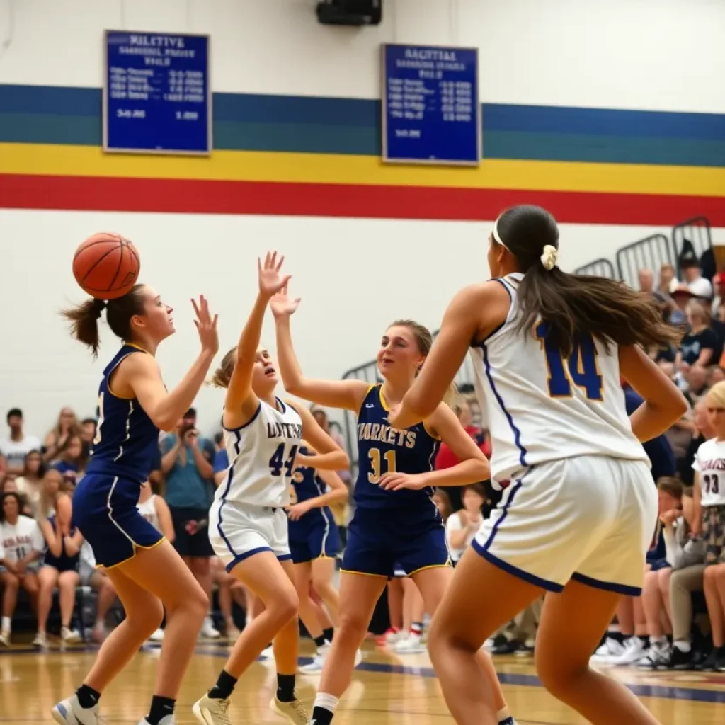 Girls basketball teams competing in a high school semifinal game