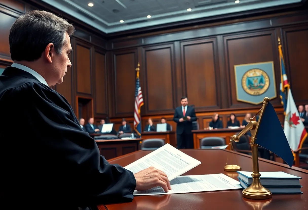 Courtroom depicting a judge and legislative documents related to a political standoff.