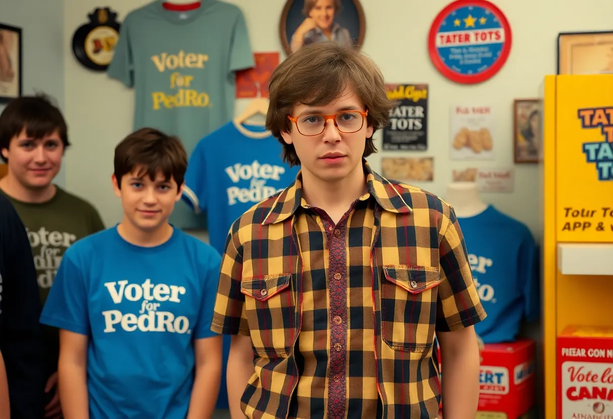 Jon Heder celebrating the 20th anniversary of Napoleon Dynamite with nostalgic marketing items