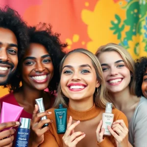 Diverse individuals enjoying Rare Beauty products and engaging in community activities.