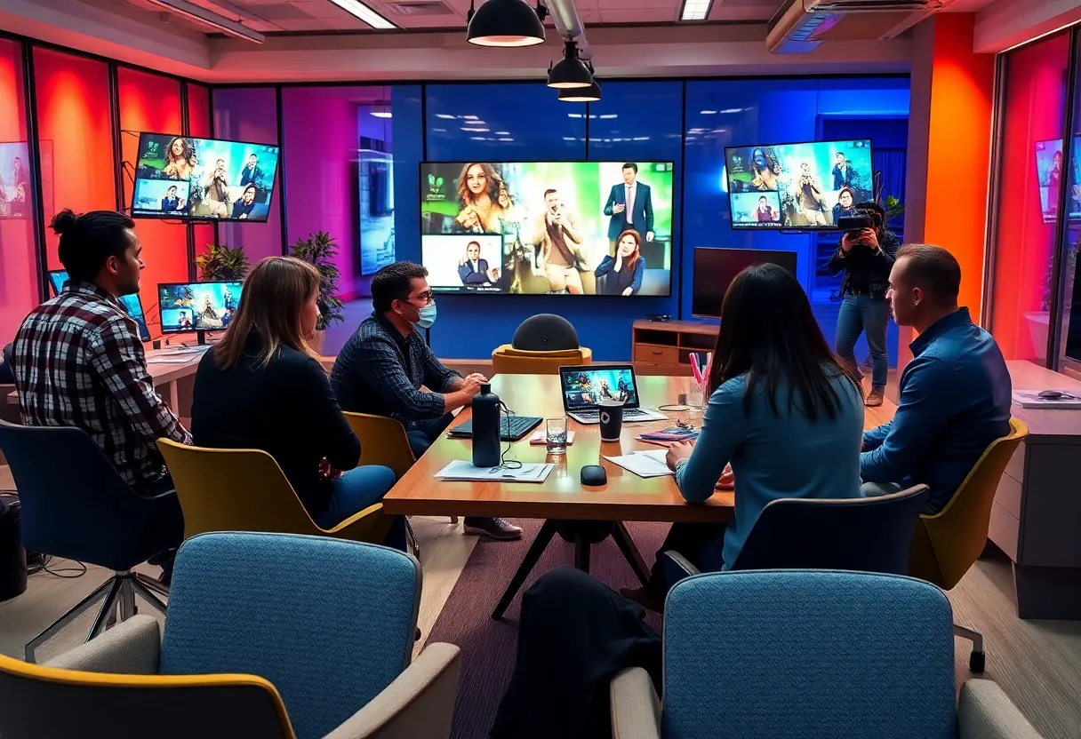 Creative team working in advertising office focused on entertainment marketing strategies.
