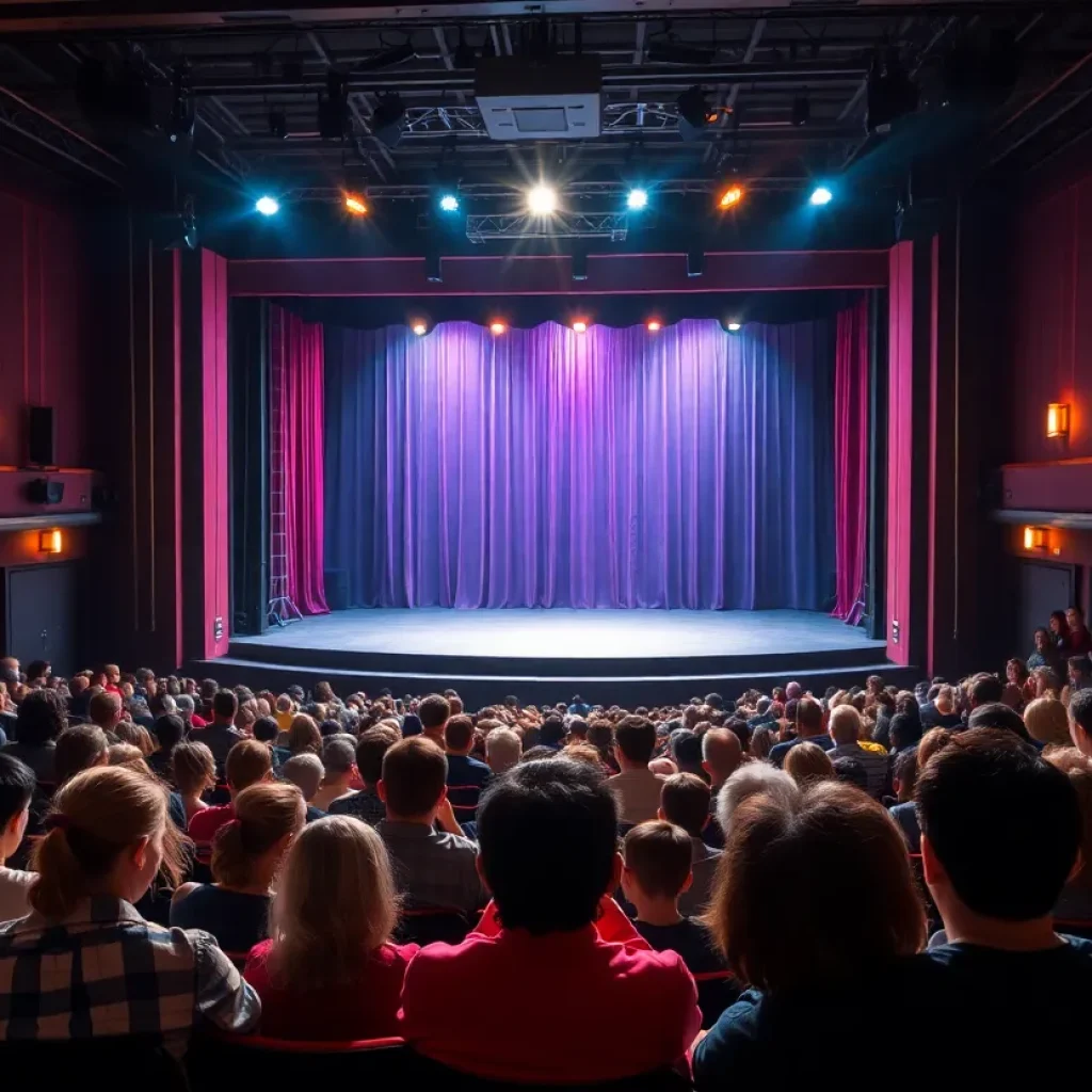 Theatre audience waiting for a performance with dramatic stage lighting.