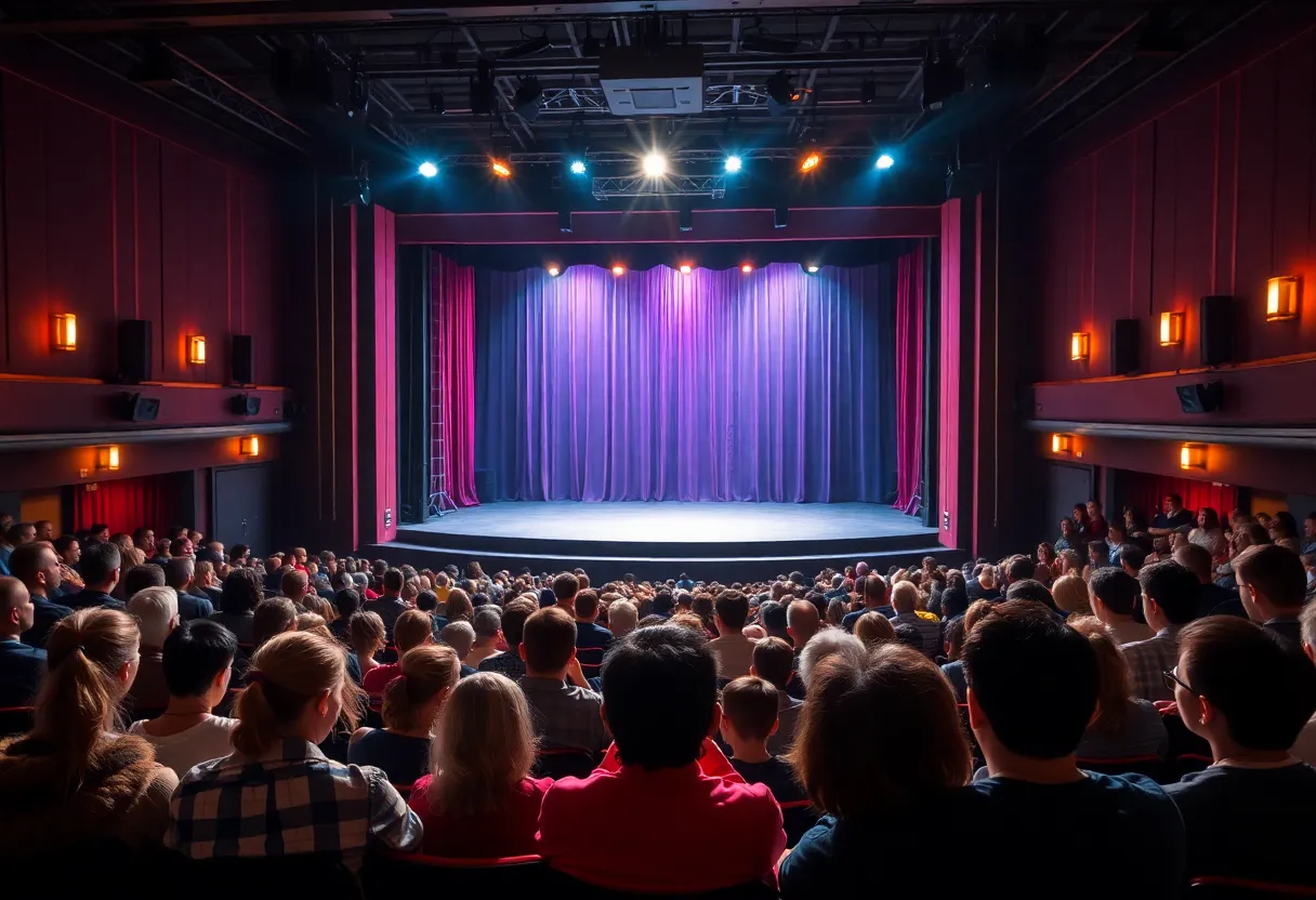 Theatre audience waiting for a performance with dramatic stage lighting.