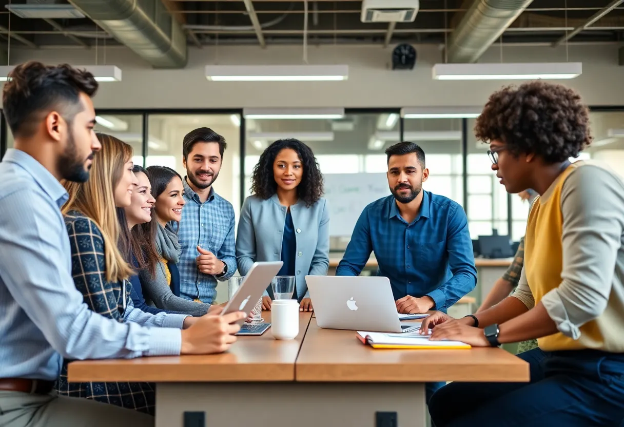 Young professionals collaborating in a modern workplace.