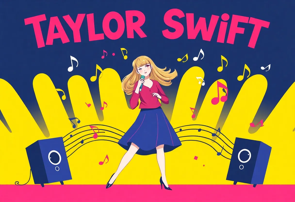 Illustration depicting Taylor Swift's innovative marketing strategy with musical and branding elements.