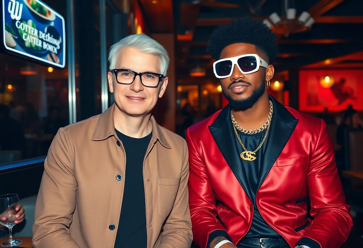 Tim Cook and Odell Beckham Jr. showcasing contrasting fashion styles during a night out.