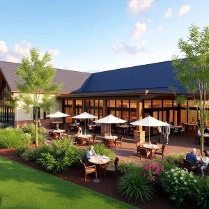A modern lobby in a country club featuring bright decor and outdoor dining