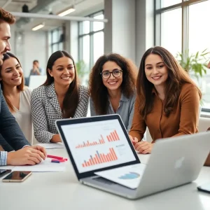Diverse marketing team strategizing in a modern office