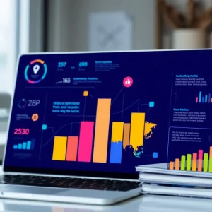 Colorful infographic elements on a digital workspace background.