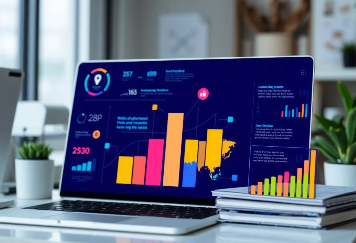 Colorful infographic elements on a digital workspace background.