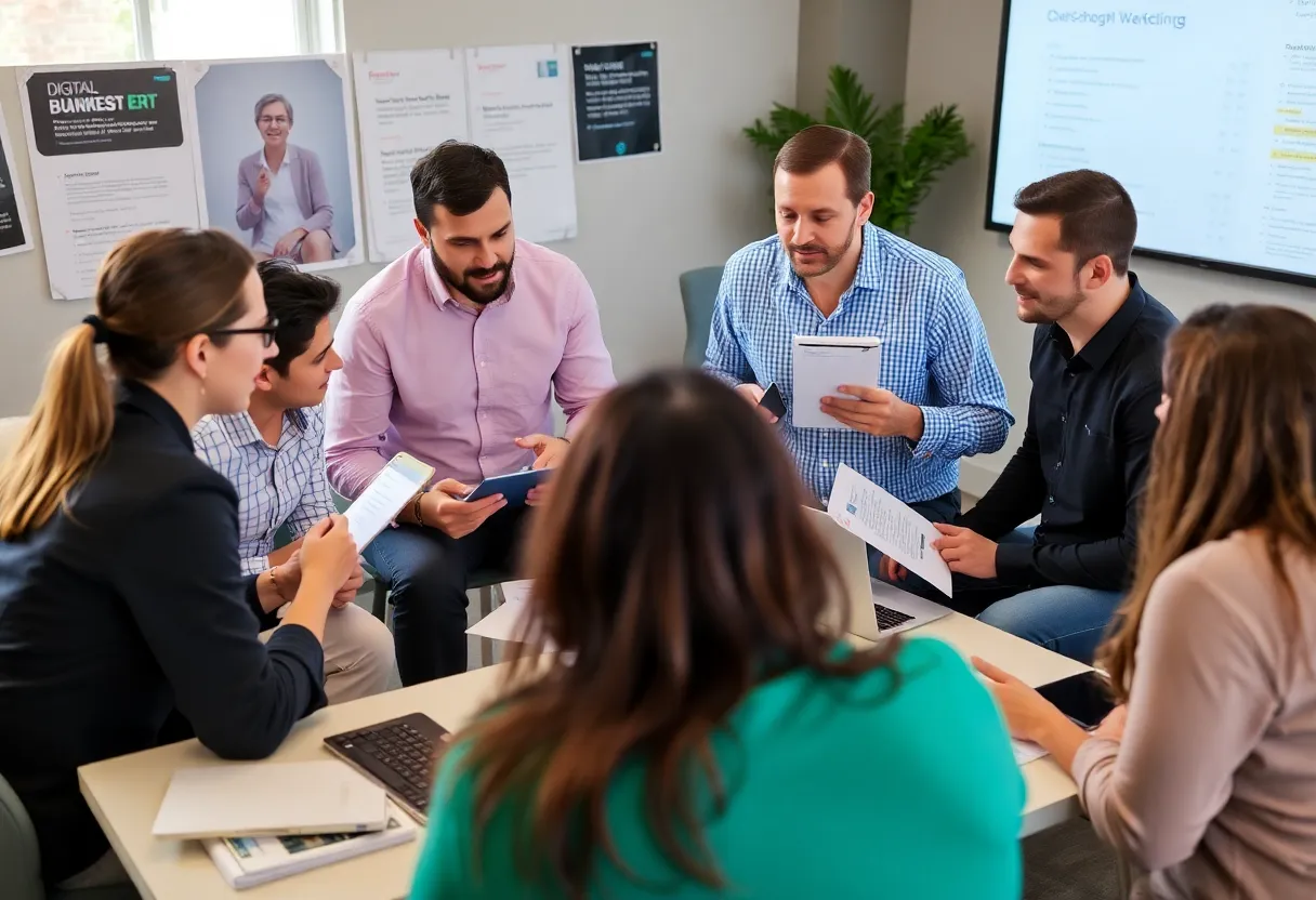 A group brainstorming session with digital marketing materials.