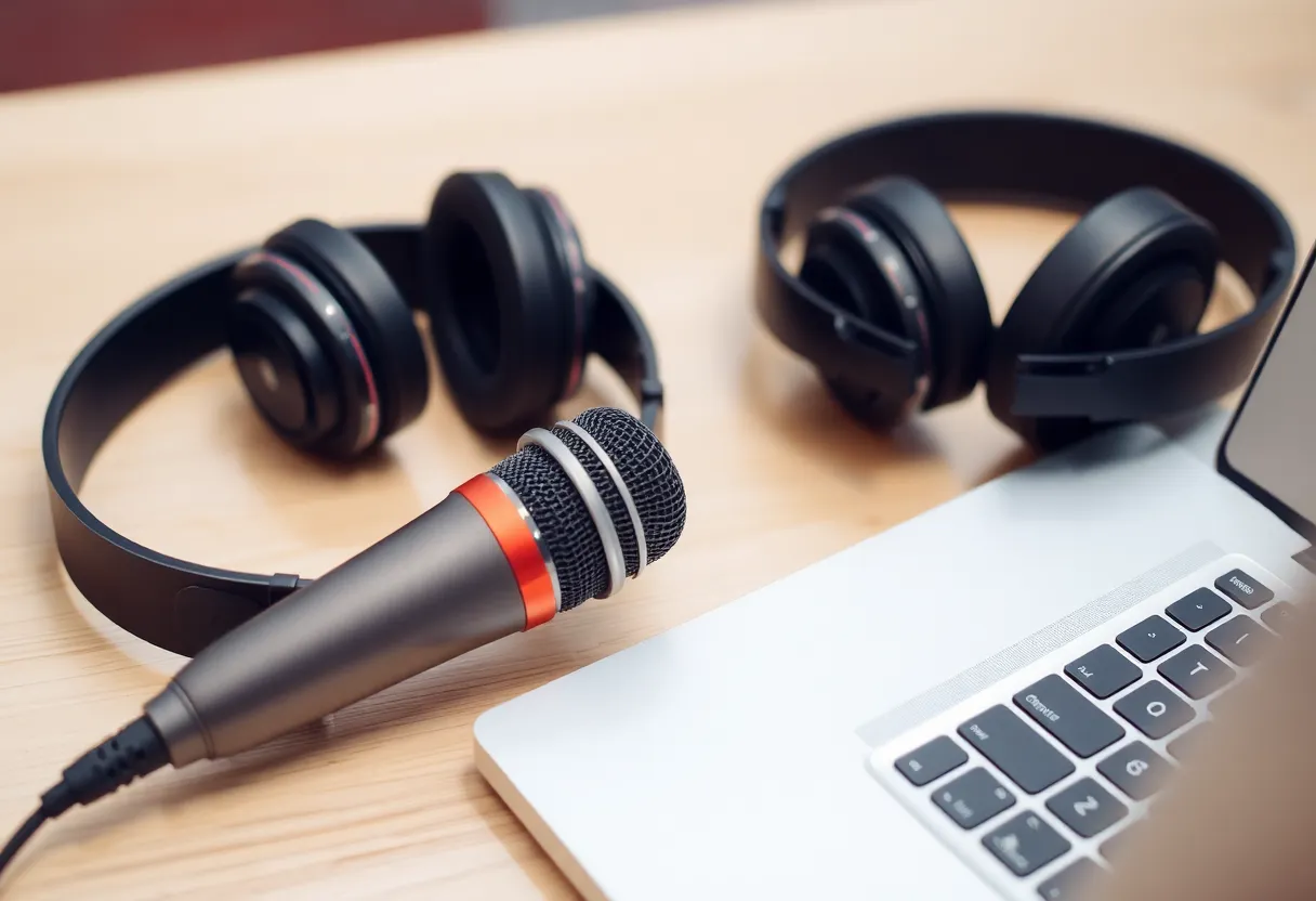 Microphone and headphones next to a laptop, casual setting.
