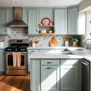 A modern kitchen with affordable makeover ideas, including painted cabinets and stylish decor.