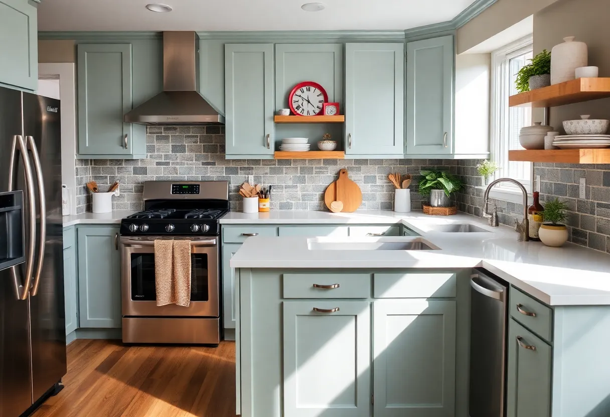 A modern kitchen with affordable makeover ideas, including painted cabinets and stylish decor.