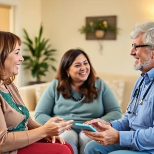 Healthcare professional at Agrace Hospice engaging with community members.