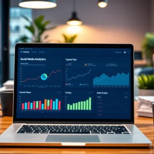 A laptop showing AI tools for social media marketing analytics