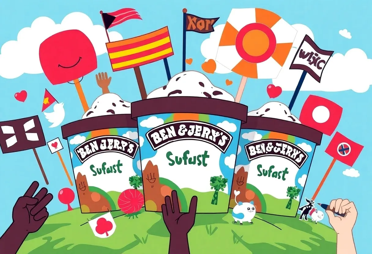 Illustration of Ben & Jerry's ice cream tubs with social justice symbols.