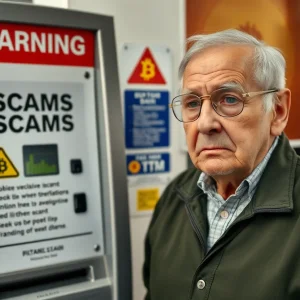 Warning sign at a Bitcoin ATM regarding scams