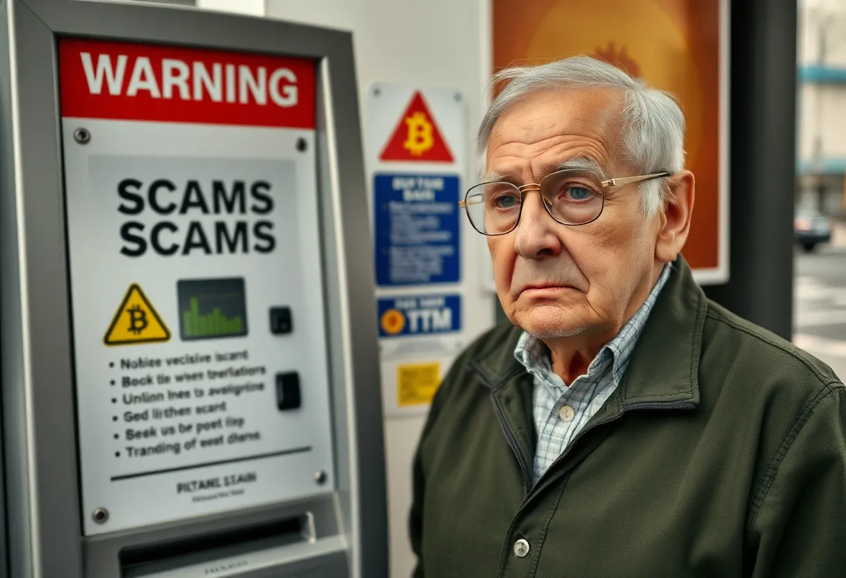 Warning sign at a Bitcoin ATM regarding scams