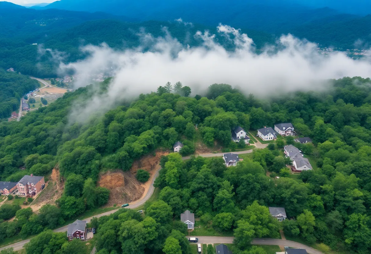 Landscape showing destruction from Tropical Storm Helene in Buncombe County, with damaged houses and landslides.