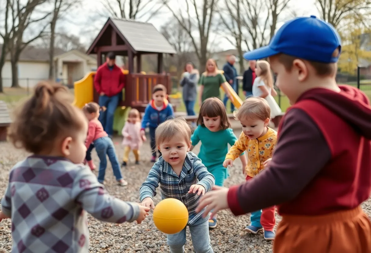 Children playing in a Michigan playground amidst a child care crisis.