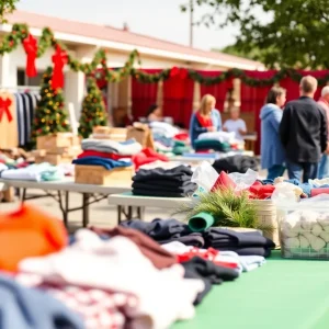 Decorated auction event for Christmas in July with various donated items on display.
