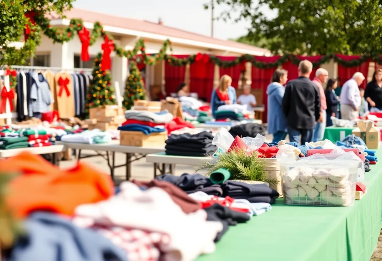Decorated auction event for Christmas in July with various donated items on display.