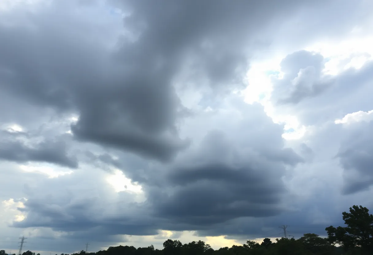 Dark clouds over a Michigan landscape indicating stormy weather.