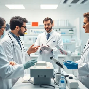 Researchers collaborating on rare disease treatments