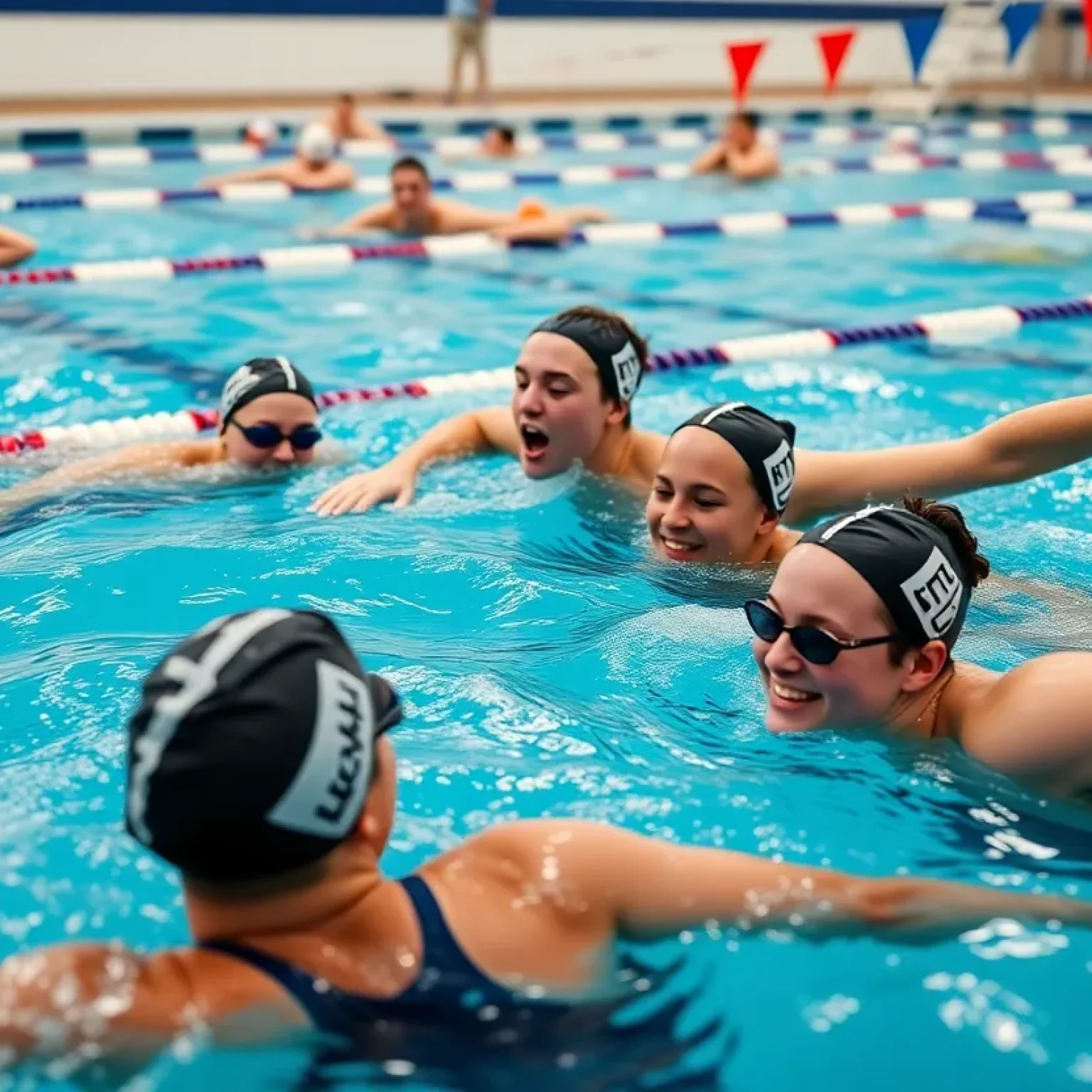 Group of collegiate swimmers competing in a swimming pool.
