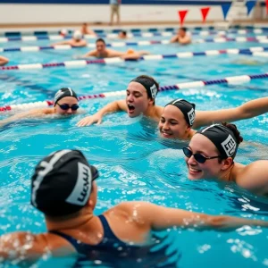 Group of collegiate swimmers competing in a swimming pool.