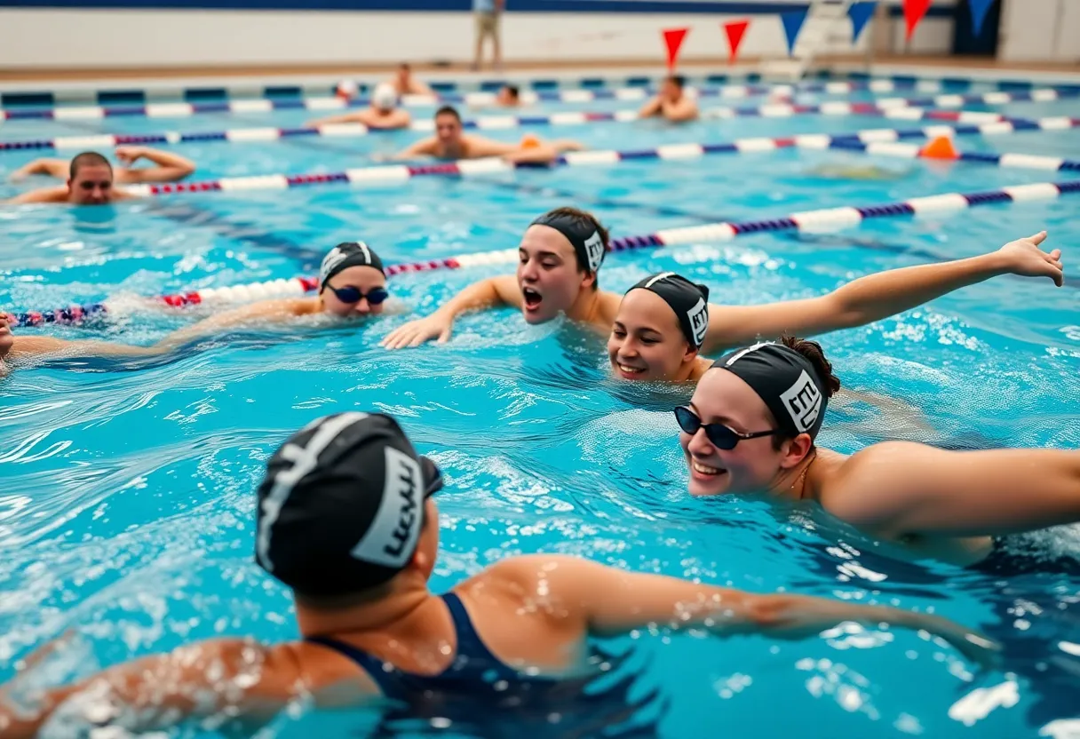 Group of collegiate swimmers competing in a swimming pool.